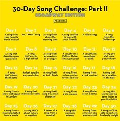 the 30 - day song challenge is shown in yellow and black, with words above it