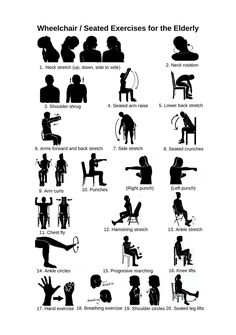 an image of some people doing different things in black and white, with the words wheelchair / seated exercises for the elderly