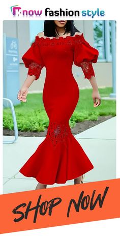 knowfashionstyle Red Casual Solid Patchwork Off the Shoulder Long Dress Dresses African Long Dresses For Women, African Long Dresses, Off The Shoulder Long Dress, Fishtail Dress, Lantern Sleeve Dress, Lace Patchwork, African Dresses, Tailored Dress, Women Maxi