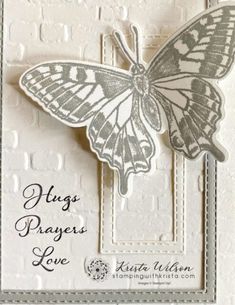 a card with a butterfly on it and the words hugs, phrases, love written in white