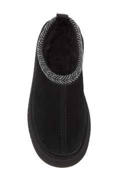 A top-quality suede upper is shaped over a light, flexible sole and plush lining for comfortable indoor and outdoor wear. Leather upper/textile lining/synthetic sole Imported Black Winter Slippers With Rubber Sole, Casual Suede Slippers For Winter, Casual Suede Winter Slippers, Black Leather Winter Slippers, Casual Black Suede Slippers, Black Suede Slippers With Rubber Sole, Comfortable Black Suede Slippers, Koolaburra By Ugg, Platform Slippers