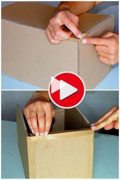 two pictures showing how to open a cardboard box and inserting the string into it