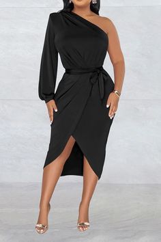 Solid Color Glamorous Lace-Up Irregular Split Midi Dress Off Shoulder Evening Dress, Look Casual Chic, Off Shoulder Dresses, Dress Sleeve Styles, Belted Midi Dress, Long Sleeve Dresses, Ankara Dress, Red Midi Dress