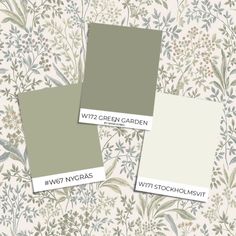 three different shades of green and white on a floral wallpaper background with the words w77 green garden