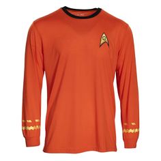 an orange shirt with a star trek patch on the left chest and gold trimmings