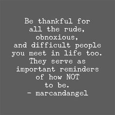 a quote that reads be grateful for all the rude, obnoxious, and difficult people you meet in life too