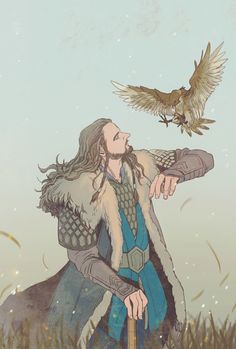 a drawing of a man with long hair and a bird on his arm, in the grass