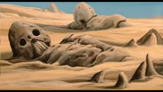 a painting of some rocks in the sand