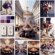 a collage of photos with purple and gold decor in the center, chandelier, table cloths, chairs, vases, flowers, candles, and plates