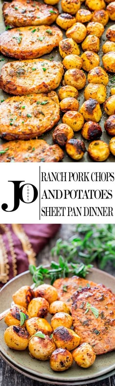 an image of some food that is on a plate and the words ranch pork chops and potatoes sheet pan dinner