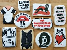 decorated cookies are arranged in the shape of women's shirts and men's hair