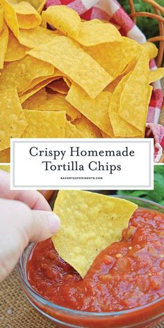 crispy homemade tortilla chips in a bowl with the title overlay reading crispy homemade tortilla chips