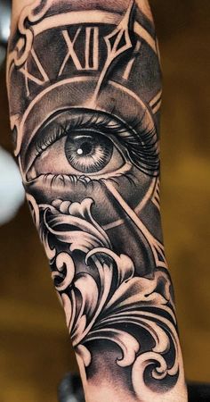 the arm with an all seeing eye tattoo on it, and a clock in the background