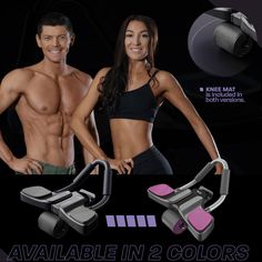 an advertisement featuring two people with rollers on their backs and one woman in black top