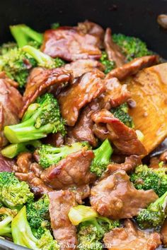 beef and broccoli stir fry in a skillet