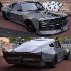 two pictures of the same car in different stages of being painted and then showing it's paint job