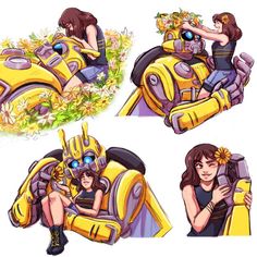 three different images of a woman sitting on a yellow car with flowers in her hair