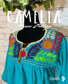 Mexican tunic with frontal neck embroidery on a soft and fresh gauze fabric. 3/4 inch sleeve has embroidery and tassel detail. Match it up with our comfortable embroidered espadrilles and embroidered tasseled clutch. SIZE CHART: td {border: 1px solid #ccc;}br {mso-data-placement:same-cell;} MEXICAN EMBROIDERED TUNIC FLOWERS WIDTH BUST LENGTH ONE SIZE 20" 40" 29" approximate measurements are in inches COLOR: Color options are based on embroidery design. CARE:• Cold wash, delicate, inside out. • H Gauze Tunic, Mexican Blouse, Blouse Sale, Angel Sleeve, Embroidered Tunic, Gauze Fabric, Rococo, Color Patterns, Hand Embroidered