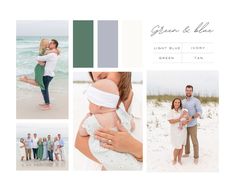 a collage of photos with people on the beach and in the background, there is a woman holding a baby