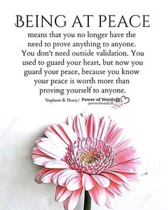 a pink flower sitting on top of a table next to a quote about being at peace