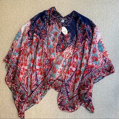 New With Tags! 100% Silk Subtle Luxury Kimono Shawl. Arm Holes. Beautiful Red And Navy Print. Flowy. Red Paisley Print Top For Vacation, One Size Multicolor Beach Tops, Casual Multicolor Free Size Tops, Multicolor Wrap Tops For Vacation, Floral Print Vacation Tops One Size, Multicolor Printed Tops, One Size Fits All, One Size Multicolor Printed Tops, Blue V-neck Top One Size, Blue One Size V-neck Top