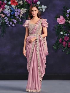 Pink Crape Satin Silk Embroidered Ready to Wear Saree - VJV Now Unique Saree, Saree Drapes, Indian Wedding Sarees, Moti Work, Lehenga Saree Design, Cotton Blouse Design, Sarees For Girls, Saree Wearing Styles, Long Gown Design