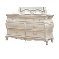 a white dresser with a mirror on it's top and bottom drawer, in front of a white background