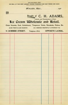 an old paper with lines on it and the words ice cream unleashed and retail