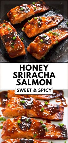 honey sriraca salmon with sweet and spicy sauce on the side in a skillet