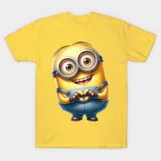 a yellow t - shirt with an image of a minion holding a blue object