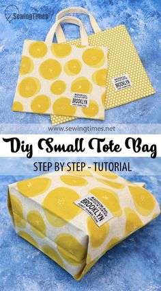 the diy small tote bag is shown with instructions for how to make it