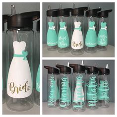 there are many bottles with bride and groom's names on them