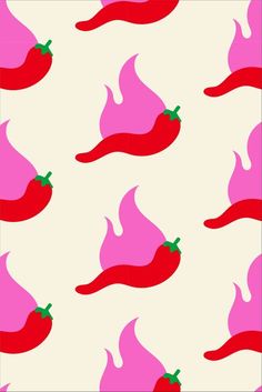 red peppers on a white background with pink and green shapes in the middle, as if they were floating or floating