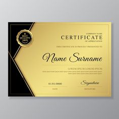 a certificate with gold and black trimmings on the front, in an elegant style