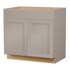 a gray cabinet with two doors and drawers