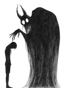 a black and white drawing of a man standing next to a giant demon with long hair