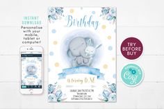 an elephant and bunny baby shower sign next to a cell phone with the text happy birthday on it