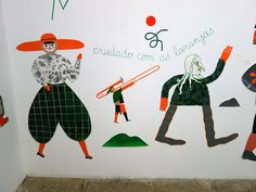 a mural on the side of a building depicting people in different outfits and hats, with one man holding a baseball bat