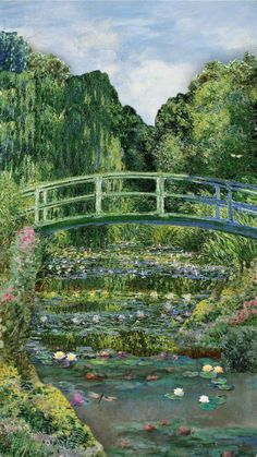 a painting of a bridge over a pond with water lillies