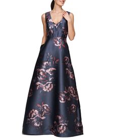 From Kay Unger, this dress features: Mikado fabrication Floral print V-neckline Sleeveless Waist band pintuck detail Side pockets Back zip closure Approx. 60.5" length Polyester Dry clean Imported. Formal Wedding Guest Dress, Kay Unger, Printed Gowns, Formal Dresses Gowns, French Navy, Skirt With Pockets, Flared Skirt, Pin Tucks, Skirts With Pockets