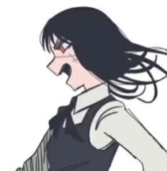 an anime character with long black hair and glasses on her face, looking to the side