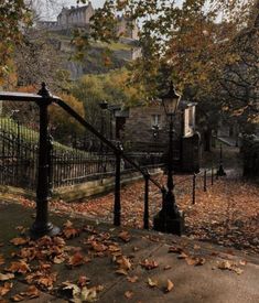 an old fashioned street light surrounded by leaves and trees with a castle in the background