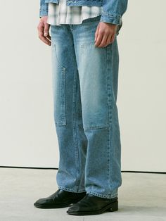 This is a comfortable and casual denim pants that are made out of high quality cotton 100% denim fabric. With design detail of straight silhouette, vintage wahsed fabric, and double knee detail on the front, it gives a trendy and relaxed look.- Straight silhouette- 13 oz denim fabric with USA Ring yarn- Washing processed vintage fabric- Double knee detail on the front Urban Jeans With Relaxed Fit And Patch Pockets, Urban Relaxed Fit Jeans With Patch Pockets, Relaxed Fit Recycled Denim Flare Jeans For Streetwear, Relaxed Fit Flare Jeans In Recycled Denim For Streetwear, Distressed Cotton Straight Leg Cargo Jeans, Faded Cotton Straight Leg Cargo Jeans, Faded Straight Leg Cotton Cargo Jeans, Distressed Straight Leg Cotton Cargo Jeans, Urban Washed Straight Leg Cargo Jeans