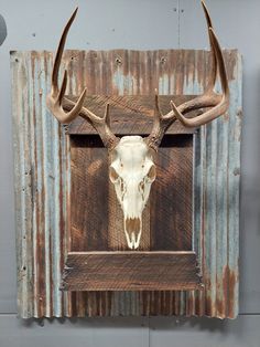 an animal's skull mounted on the side of a wooden wall