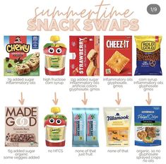 an image of snacks that are labeled in the language snack swaps and what they mean to be