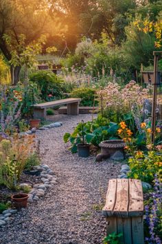 a garden filled with lots of different types of flowers and plants next to a wooden bench