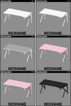 six different types of tables with names and numbers on each one side, all in pink