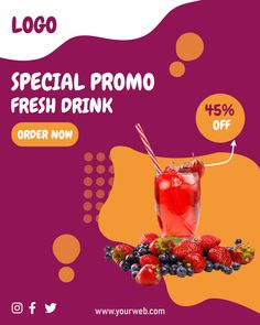 a flyer for a fresh drink with berries and strawberries