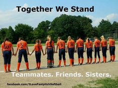 a group of girls in orange and blue softball uniforms holding hands with the words together we stand