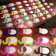 colorful elephant cut outs sitting on top of a wooden table